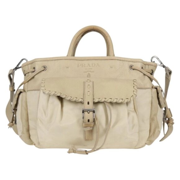 PRADA Hand Bag Leather 2way Beige Silver Auth - Picture 1 of 15